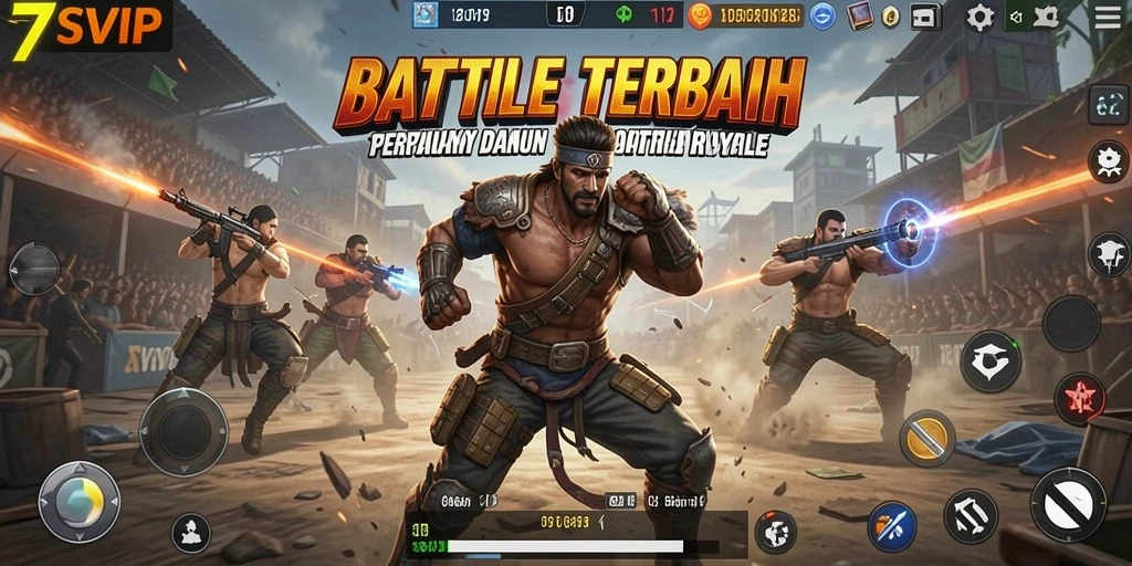 Screenshot gameplay 7SVIP yang mendebarkan dalam pertempuran Battle Royale.