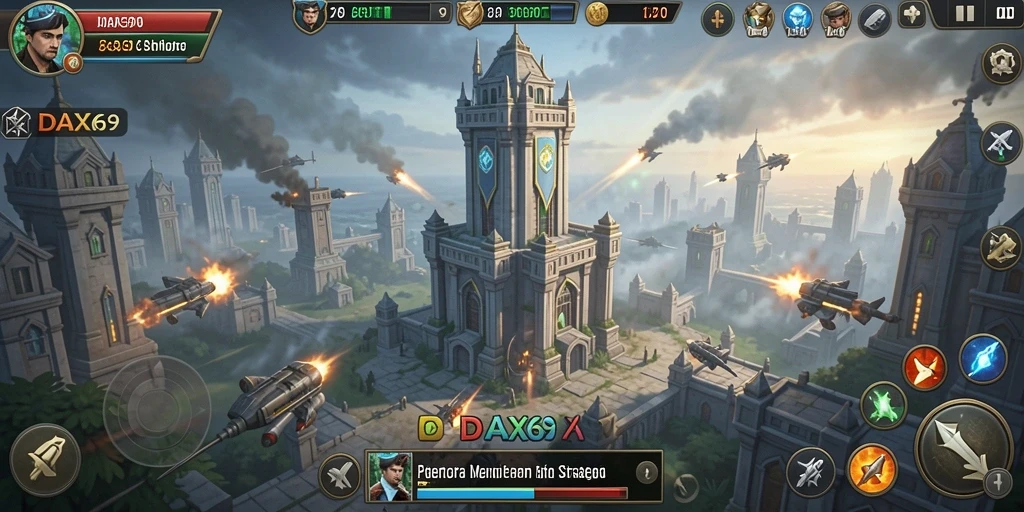 Screenshot gameplay DAX69 menampilkan pertahanan menara yang strategis.