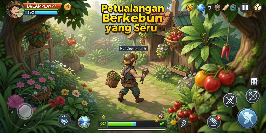 Screenshot gameplay <strong>DREAMPLAY77</strong> menunjukkan aktivitas berkebun yang seru dan alam yang indah.