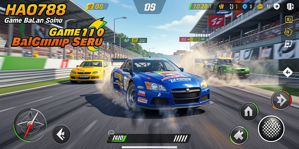 Tampilan gameplay HAO788 dengan mobil balap melaju kencang di trek.