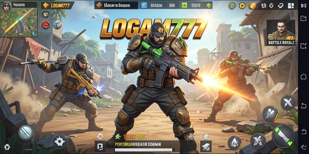 Screenshot LOGAM777 menampilkan aksi pertempuran intens di medan perang.