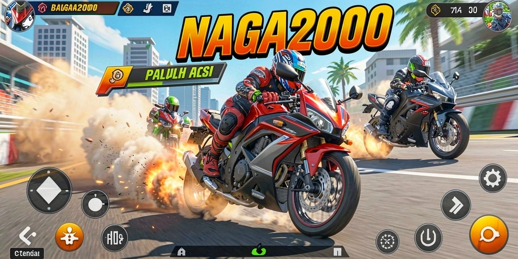 Tampilan gameplay <strong>NAGA2000</strong> yang seru dan grafis menawan saat balapan motor.