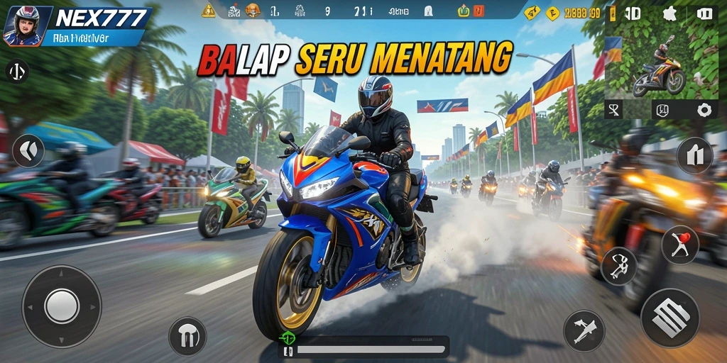 Tampilan gameplay seru NEX777 dengan aksi balap motor yang mendebarkan.