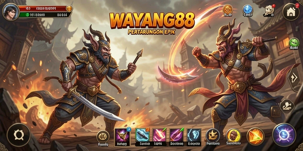 Screenshot menampilkan pertarungan seru antar karakter dalam WAYANG88.