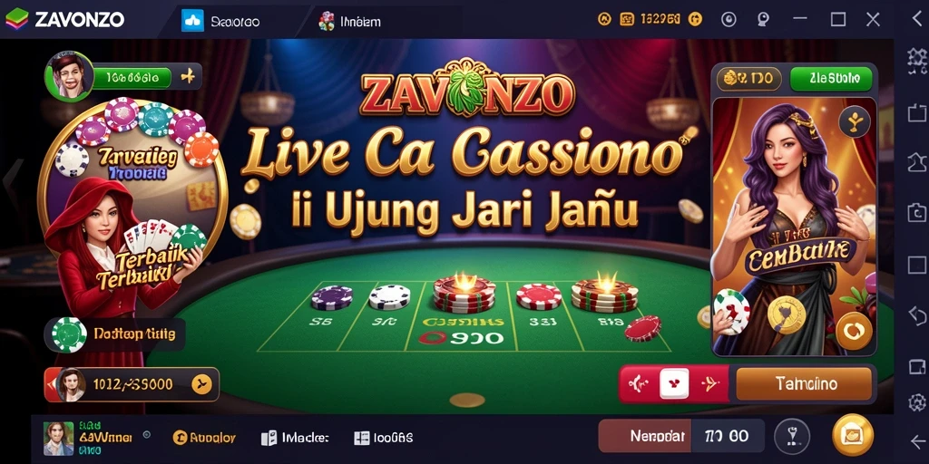 Screenshot gameplay ZAVONZO yang menunjukkan dealer profesional dan suasana Live Casino yang menarik.